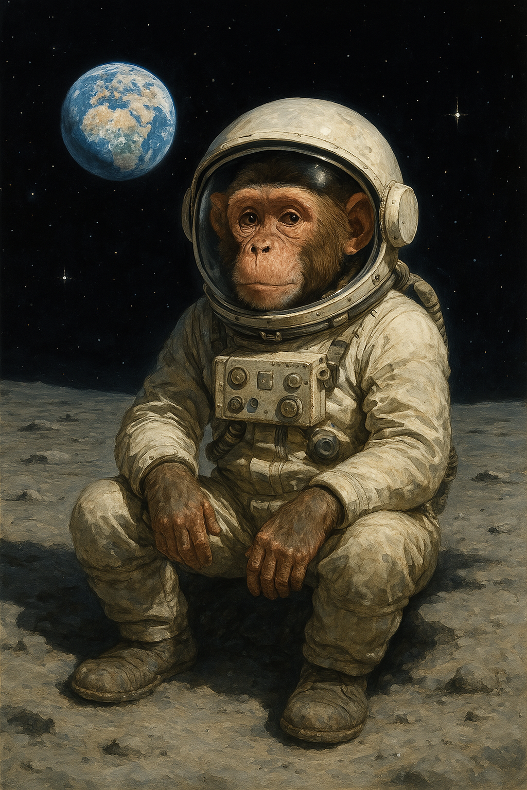 Affe auf dem Mond schaut auf die Erde